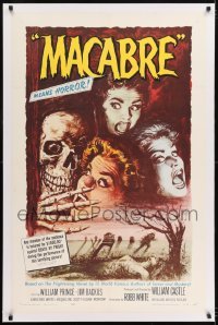 1w112 MACABRE linen 1sh 1958 William Castle, Besser art of skeleton & screaming babes in graveyard!