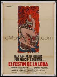 1w079 EL FESTIN DE LA LOBA linen Mexican poster 1972 great wild art of naked feral woman & wolf!