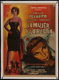 1w081 LA MUJER Y LA BESTIA linen Mexican poster 1959 sexy female Jack the Ripper Ana Luisa Peluffo!