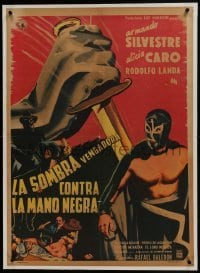1w084 LA SOMBRA VENGADORA CONTRA LA MANO NEGRA linen Mexican poster 1956 art of masked wrestler!