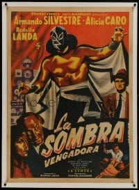 1w083 LA SOMBRA VENGADORA linen Mexican poster 1956 cool art of masked wrestler Fernando Oses!