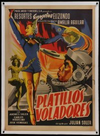 1w085 LOS PLATILLOS VOLADORES linen Mexican poster 1956 space man Resortes & Evangelina Elizondo!