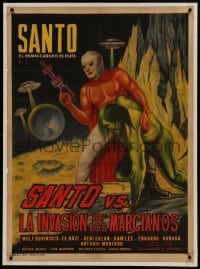 1w087 SANTO VS. LA INVASION DE LOS MARCIANOS linen Mexican poster 1967 masked wrestler in space!
