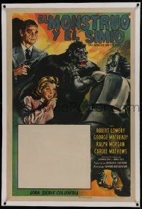 1w118 MONSTER & THE APE linen Spanish/US 1sh 1945 cool art of giant gorilla battling funky robot!