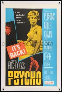 1w125 PSYCHO linen 1sh R1965 half-dressed Janet Leigh, Anthony Perkins, Alfred Hitchcock classic!