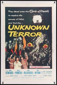 1w130 UNKNOWN TERROR linen 1sh 1957 they dared enter the Cave of Death to explore secrets of HELL!