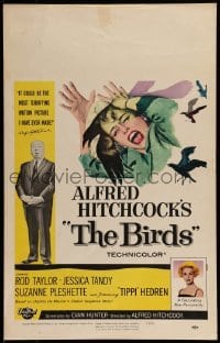 1w018 BIRDS WC 1963 director Alfred Hitchcock shown, Tippi Hedren, classic intense attack artwork!