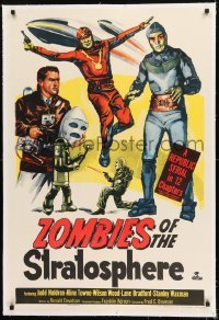 1w136 ZOMBIES OF THE STRATOSPHERE linen 1sh 1952 Republic serial, great art of aliens with guns!