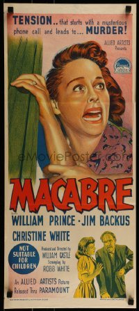 1x123 MACABRE Aust daybill 1958 William Castle, art of terrified woman by Richardson Studio!