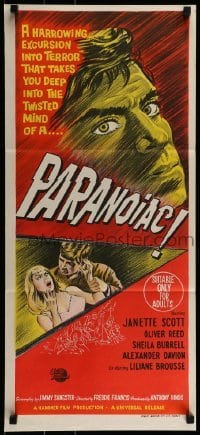 1x129 PARANOIAC Aust daybill 1963 an excursion that takes you deep into its twisted mind!