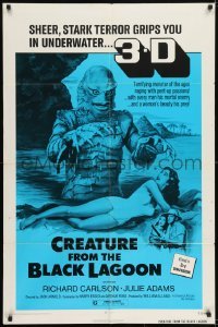 1x334 CREATURE FROM THE BLACK LAGOON 1sh R1972 art of monster attacking sexy Julie Adams, 3-D!
