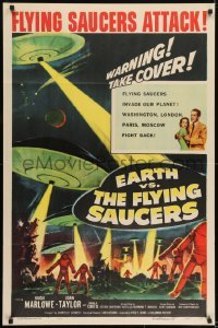 1x349 EARTH VS. THE FLYING SAUCERS 1sh 1956 sci-fi classic, cool art of UFOs & aliens invading!