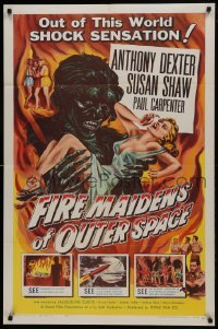1x355 FIRE MAIDENS OF OUTER SPACE 1sh 1956 great art of monster holding sexy babe by Kallis!