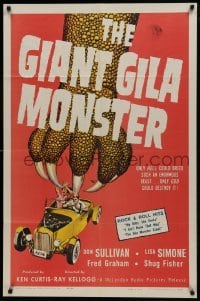 1x363 GIANT GILA MONSTER 1sh 1959 classic art of giant monster hand grabbing teens in hot rod!