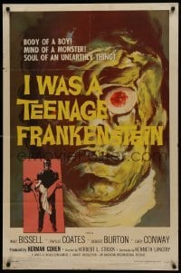 1x375 I WAS A TEENAGE FRANKENSTEIN 1sh 1957 wonderful close up art of monster + holding sexy girl!