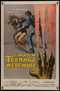 1x376 I WAS A TEENAGE WEREWOLF 1sh 1957 Kallis art of monster Michael Landon attacking sexy babe!
