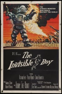 1x382 INVISIBLE BOY 1sh 1957 Robby the Robot, monster who would destroy the world, Kunstler art!