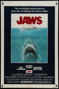 1x384 JAWS 1sh 1975 art of Spielberg's classic man-eating shark attacking swimmer!