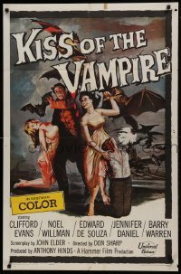 1x388 KISS OF THE VAMPIRE 1sh 1963 Hammer, cool art of devil bats attacking by Joseph Smith!