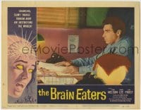 1x192 BRAIN EATERS LC #4 1958 AIP sci-fi, close up of Alan Frost sitting at desk, cool border art!