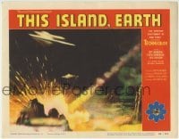 1x294 THIS ISLAND EARTH LC #3 1955 cool image of two alien spaceships attacking Earth with rays!