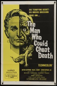 1x391 MAN WHO COULD CHEAT DEATH 1sh 1959 Hammer horror, cool half-alive & half-dead headshot art!
