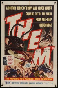 1x434 THEM 1sh 1954 classic sci-fi, cool art of horror horde of giant bugs terrorizing people!