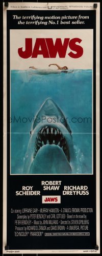 1y076 JAWS int'l insert 1975 art of Spielberg's classic man-eating shark attacking sexy swimmer!