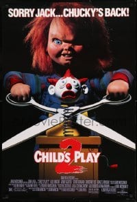 1z437 CHILD'S PLAY 2 DS 1sh 1990 great image of Chucky cutting jack-in-the-box with scissors!