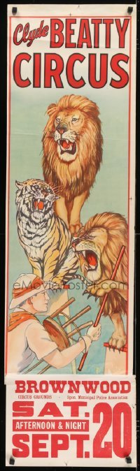 1z143 CLYDE BEATTY CIRCUS 14x41 circus poster 1950s wild artwork of lions, tiger and tamer!