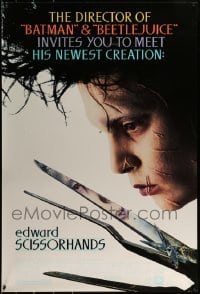 1z494 EDWARD SCISSORHANDS DS 1sh 1990 Tim Burton classic, close up of scarred Johnny Depp!