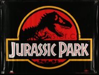 1z120 JURASSIC PARK vinyl banner 1993 Steven Spielberg, classic logo with T-Rex over red background