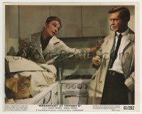 2a042 BREAKFAST AT TIFFANY'S color 8x10 still 1961 drunk Audrey Hepburn in kitchen w/Peppard & cat!