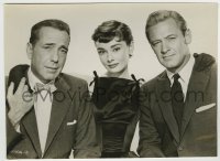 2a803 SABRINA 7x9.5 still 1954 pretty Audrey Hepburn between Humphrey Bogart & William Holden!