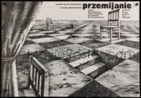 2b586 PRZEMIJANIE Polish 27x39 1983 really cool Janusz Oblucki art of chessboard landscape!