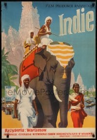 2b628 INDIE Polish 23x34 1952 cool art of men riding elephant in India!
