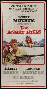 2c601 ANGRY HILLS 3sh 1959 Robert Aldrich, cool artwork of Robert Mitchum with big machine gun!