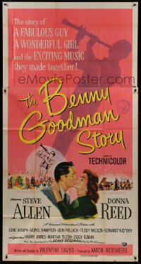 2c619 BENNY GOODMAN STORY 3sh 1956 Steve Allen as Goodman, Donna Reed, Gene Krupa, Brown art!