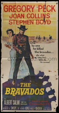 2c642 BRAVADOS 3sh 1958 full-length art of cowboy Gregory Peck with gun & sexy Joan Collins!