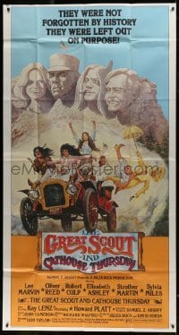 2c728 GREAT SCOUT & CATHOUSE THURSDAY 3sh 1976 wacky art of Lee Marvin & cast at Mount Rushmore!