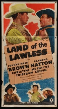 2c770 LAND OF THE LAWLESS 3sh 1947 close up of cowboy Johnny Mack Brown threatening bad guy!