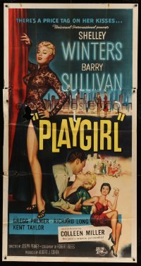 2c855 PLAYGIRL 3sh 1954 Barry Sullivan, there's a price tag on sexy Shelley Winters' kisses!