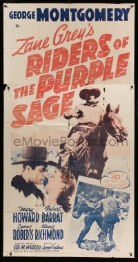 2c872 RIDERS OF THE PURPLE SAGE 3sh R1954 George Montgomery on horse & romancing girl, Zane Grey