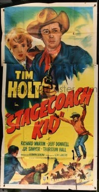 2c910 STAGECOACH KID 3sh 1949 great art of cowboy Tim Holt with gun protecting Jeff Donnell!