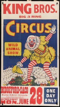 2c047 KING BROS. 3 RING CIRCUS 28x42 circus poster 1950s  art of laughing clown, wild animal show!
