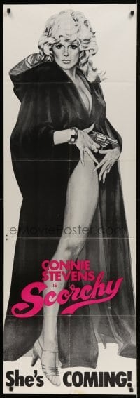2c032 SCORCHY door panel 1976 full-length art of sexy barely-dressed Connie Stevens in black cape!