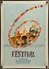 2d186 6 FESTIVAL 17x23 East German special poster 1957 Czegledi art of people around the world