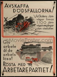 2d066 AVSKAFFA DODSFALLORNA 20x28 Swedish political campaign 1930 train accident and over bridge