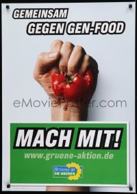 2d766 GEMEINSAM GEGEN GEN-FOOD 24x33 German political campaign 2005 hand crushing tomato