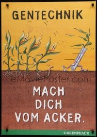 2d691 GENTECHNIK 24x33 German special poster 1997 Greenpeace, corn plants chasing beaker plant